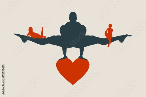 Muscular man balancing on heart icon. Vector silhouette. Woman icons on the legs of the man. Love triangle metaphor.