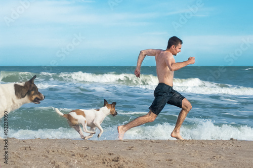 guy running away from angry dogs. Dogs chases to bite