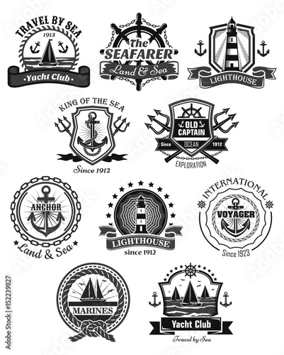 Nautical and marine symbols vector icons set