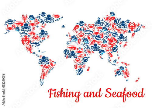 Fishing and seafood fish vector world map