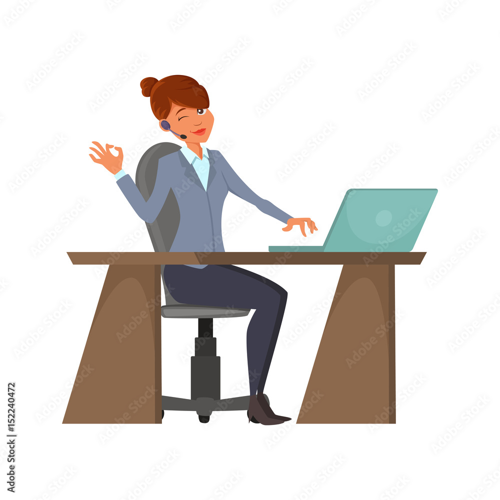 Cartoon call-center operator. A cheerful Female with a wireless headset is sitting at the workplace. A woman is working behind a laptop. Charecter design. Phone service employees Cartoon call-center operator. A cheerful Female with a wireless headset is sitting at the workplace. A woman is working behind a laptop. Charecter design. Phone service employees