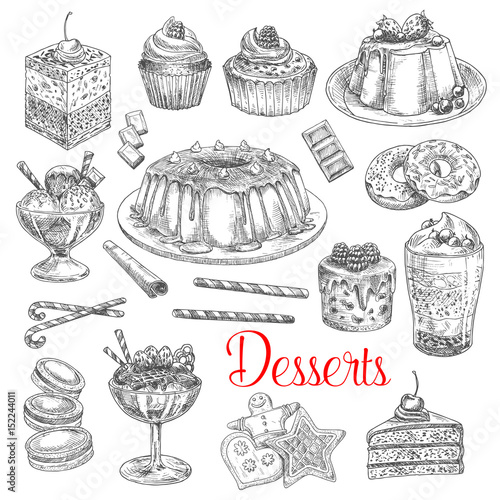 Vector sketch icons of dessert cookies and cakes
