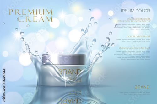 Moisturizing effect cosmetic ad template. Aqua water splash drop 3d detailed realistic vector illustration. Promoting banner blue marketing background