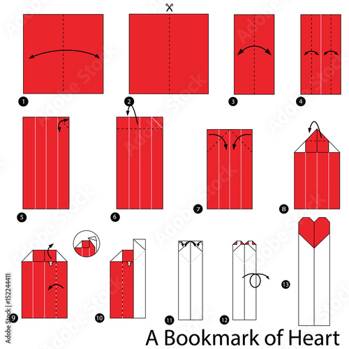 step by step instructions how to make origami A Bookmark of Heart