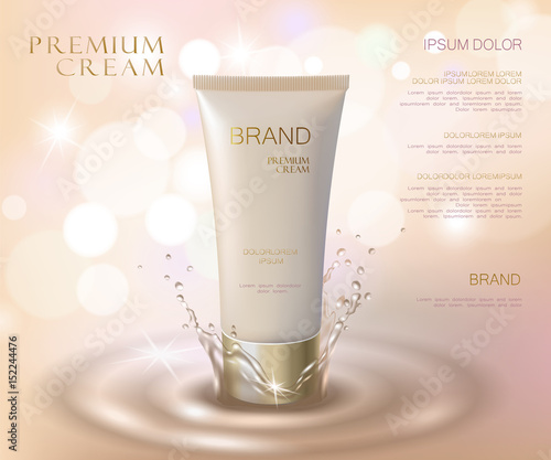 Moisturizing effect cosmetic tone ad template. Oil water splash drop 3d delicate soft realistic vector illustration. Promoting banner beige marketing background