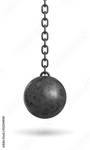 3d rendering of an ink black wrecking ball hanging from a chain isolated on white background.