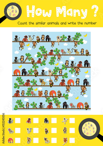Counting game of cute monkeys and primates animals for preschool kids activity worksheet layout in A4 colorful printable version. Vector Illustration.