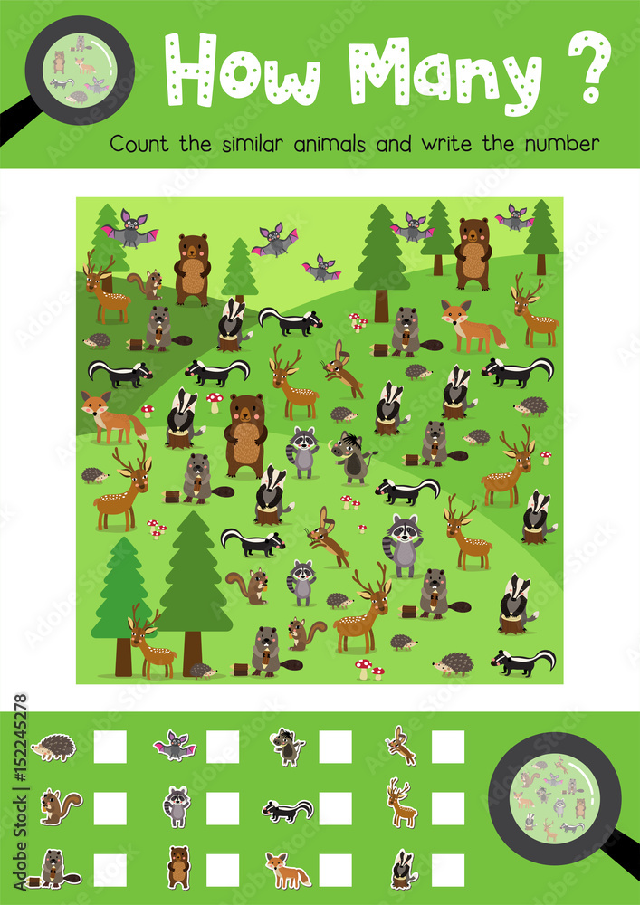 Counting game of forest animals for preschool kids activity worksheet  layout in A4 colorful printable version. Vector Illustration. Stock Vector  | Adobe Stock