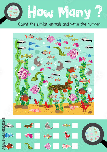 Counting game of freshwater animals for preschool kids activity worksheet layout in A4 colorful printable version. Vector Illustration.