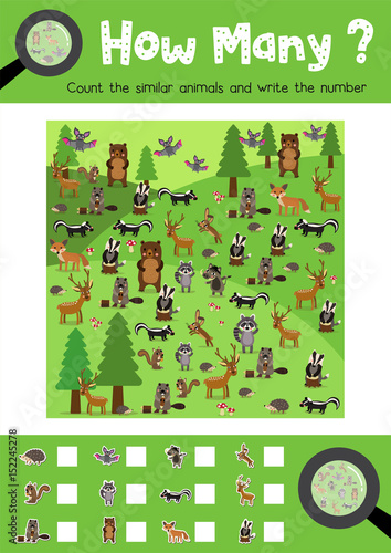 Counting game of forest animals for preschool kids activity worksheet layout in A4 colorful printable version. Vector Illustration.