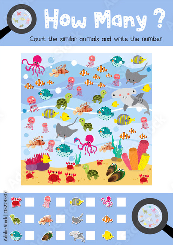Counting game of ocean animals for preschool kids activity worksheet layout in A4 colorful printable version. Vector Illustration.