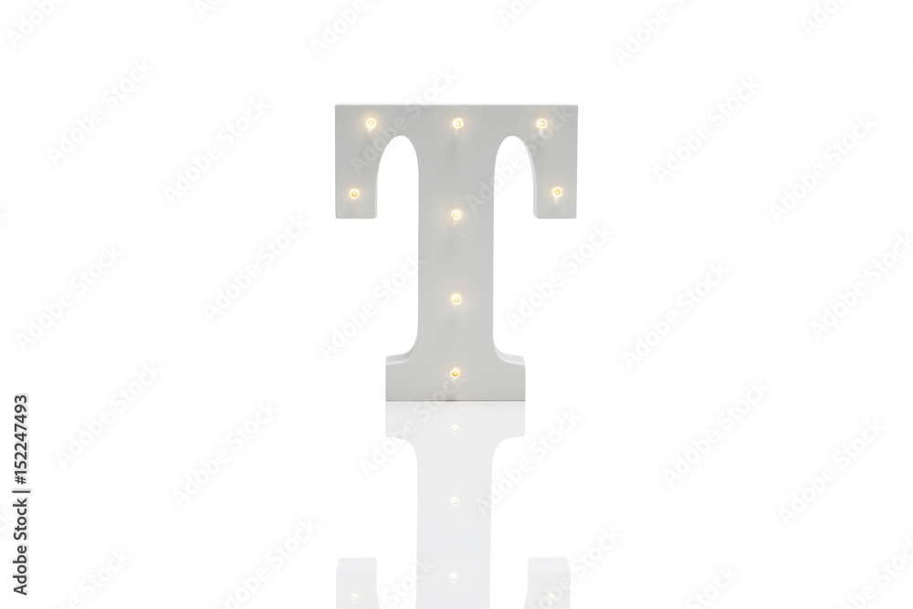 Decorative Letter T with Embedded LED Lights Over White Background Decorative Letter T with Embedded LED Lights Over White Background