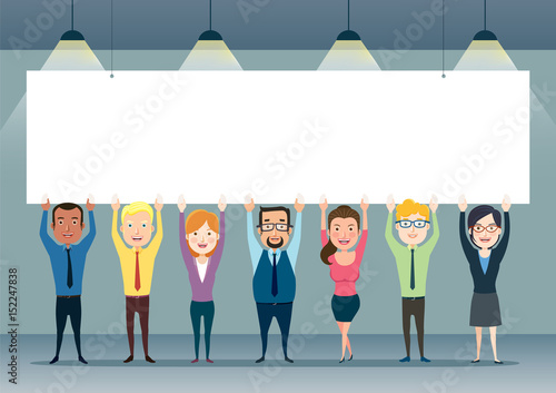 Happy smiling business team holding a blank billboard, banner. Different nationalities and dress styles. Vector illustration in a flat style.