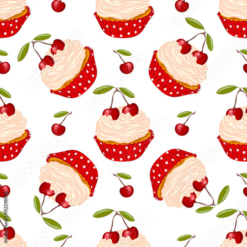 Fototapeta Naklejka Na Ścianę i Meble -  Cherry cupcake seamless pattern