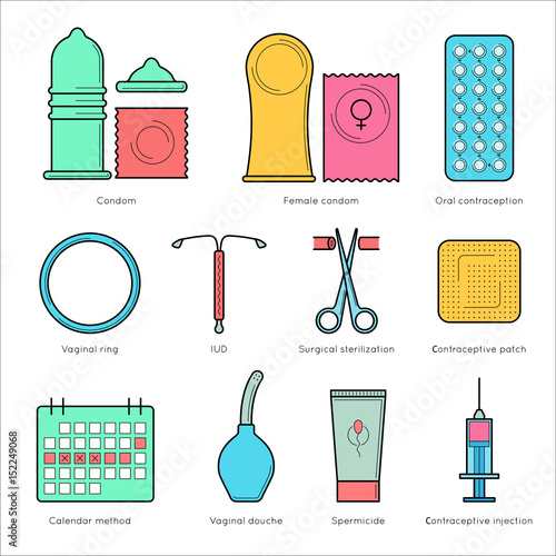 Contraceptive flat line vector icons. Planning pregnancy and birth control. Contraception methods - condom, oral contraception and patch, vaginal spiral and ring, spermicide, surgical sterilization