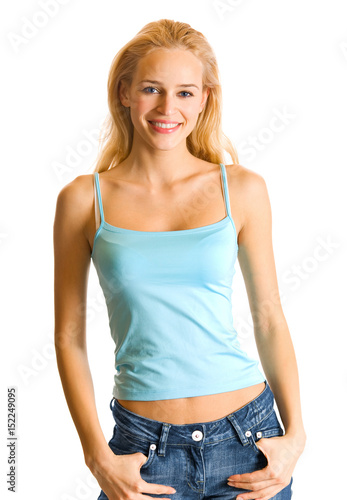 Young happy smiling woman, on white