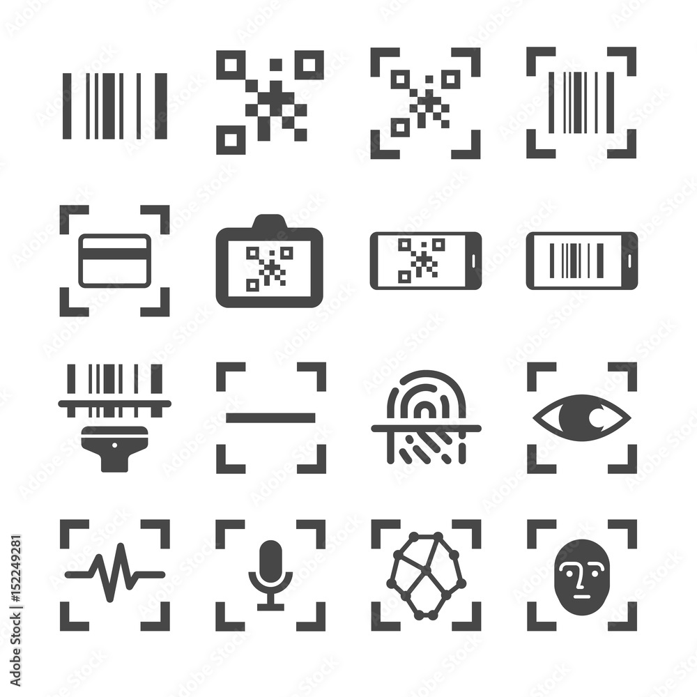 qr code scanner and bar code scan vector line icon set. Included the icons as qr code, bar code, scanner, fingerprint scan and more.