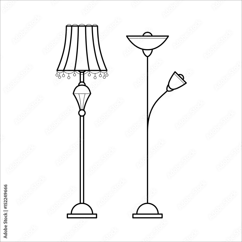 Floor lamps for house. Retro and modern chandeliers. Flat vector