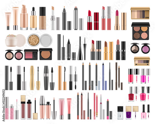 Big set of different realistic packages for decorative cosmetics. Blank template of containers for eye shadow, lipstick, powder, nail polish and mascara. Vector illustration isolated on background