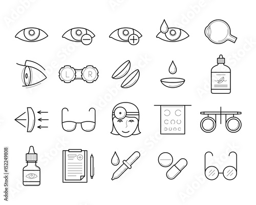 Ophthalmology icons in thin line style trial frame, ophtalmologist, contact lens case, drops treatment, glasses eyeball, prescription. Eyesight medical diagnostic, vision correction. Vector outline