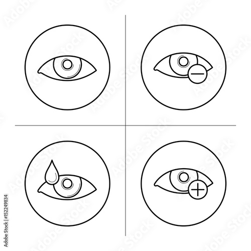 Ophthalmology icons with eyes in thin line style. Symbols of myopia and hyperopia. Eyesight illness, vision correction. Vector outline illustrations isolated on white background.