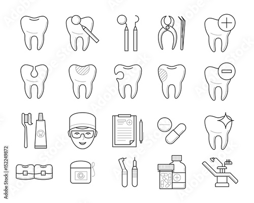 Icons of tooth hygiene tools, dental equipment in thin line style implant, toothbrush, toothpaste, braces, floss, prescription and pills. Vector outline simple illustrations isolated on white