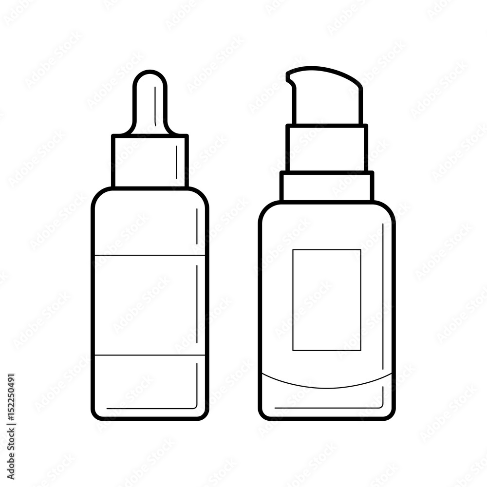 Thin line containers for foundation or bb and cc cream. Icons of tube and glass bottle with dispenser. Vector blank simbol of packaging for cosmetic product Thin line containers for foundation or bb and cc cream. Icons of tube and glass bottle with dispenser. Vector blank simbol of packaging for cosmetic product