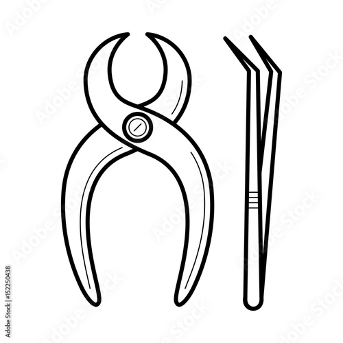 Dental nippers and tweezers icon, professional instrument, poster for medical cabinet, treatment and care image, stomatology pictogram, health concept. Vector illustration
