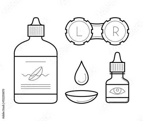 Vision correction equipment icons in thin line style. Ophthalmology medicine elements contact lens case, bottle with wash liquid, artificial tears and drop. Vector outline isolated on white