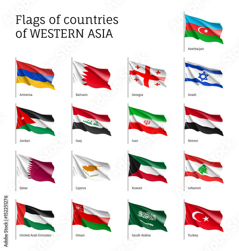 Set of waving flags of Western Asian countries - Qatar, Lebanon, Kuwait and Saudi Arabia, Arab Emirates, Cyprus, Lebanese, Oman. 17 ensigns of Asia states. Vector isolated icons