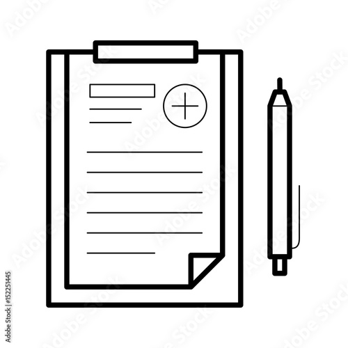 Assignments sheet and a pen icon, patient data line art pictogram, image for clinic, medical information picture, health care concept. Flat style vector illustration