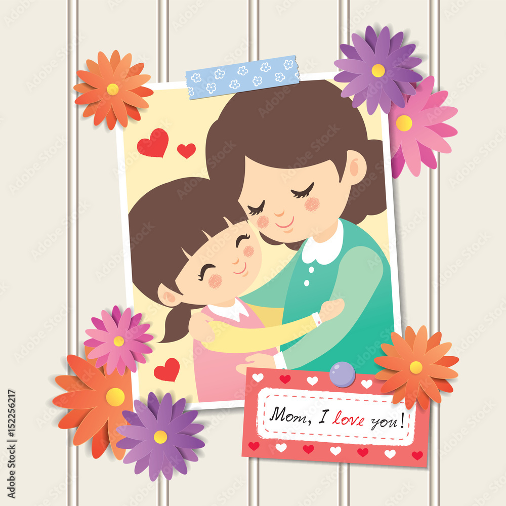 Happy Mother's Day. Photo of cartoon mother and daughter hugging together.  Photo frame with flower decor and memo written 