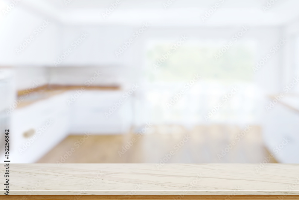 Empty marble top table and blurred Kitchen background. for Procuct display montage. Empty marble top table and blurred Kitchen background. for Procuct display montage.