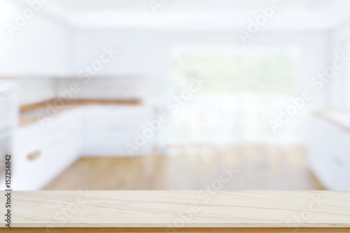 Empty marble top table and blurred Kitchen  background. for Procuct display montage. photo