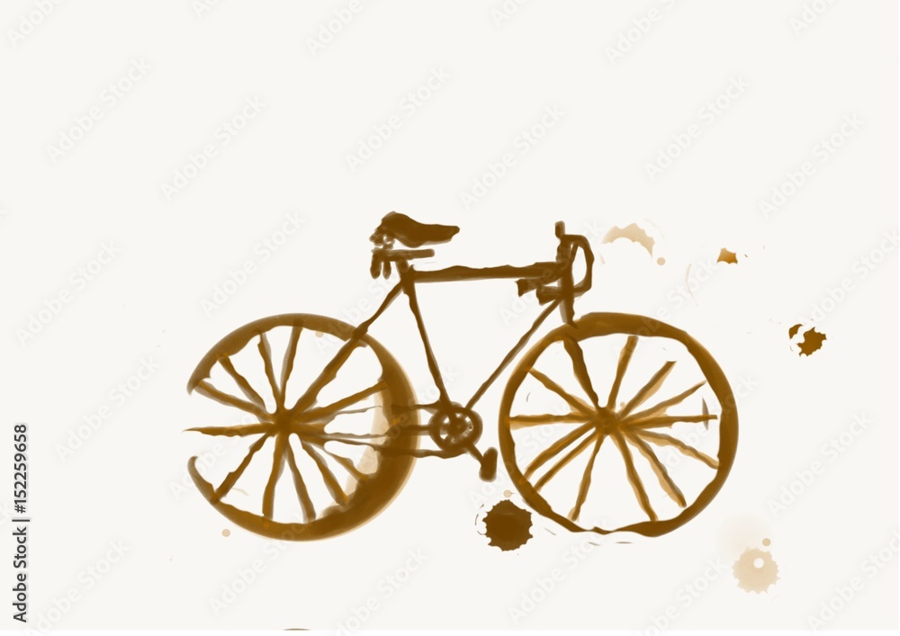 Hand drawing bicycle by coffee stain 