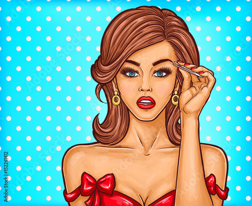 Vector pop art illustration of a beautiful young woman makes eyebrow correction with tweezers