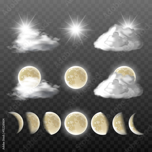 Set of vector realistic weather icons - sun, clouds, moon in different phases, isolated on transparent background