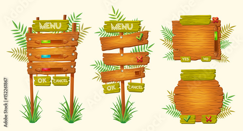 Set of vector cartoon illustrations of wooden signs of various forms standing on the grass. Elements of design for games