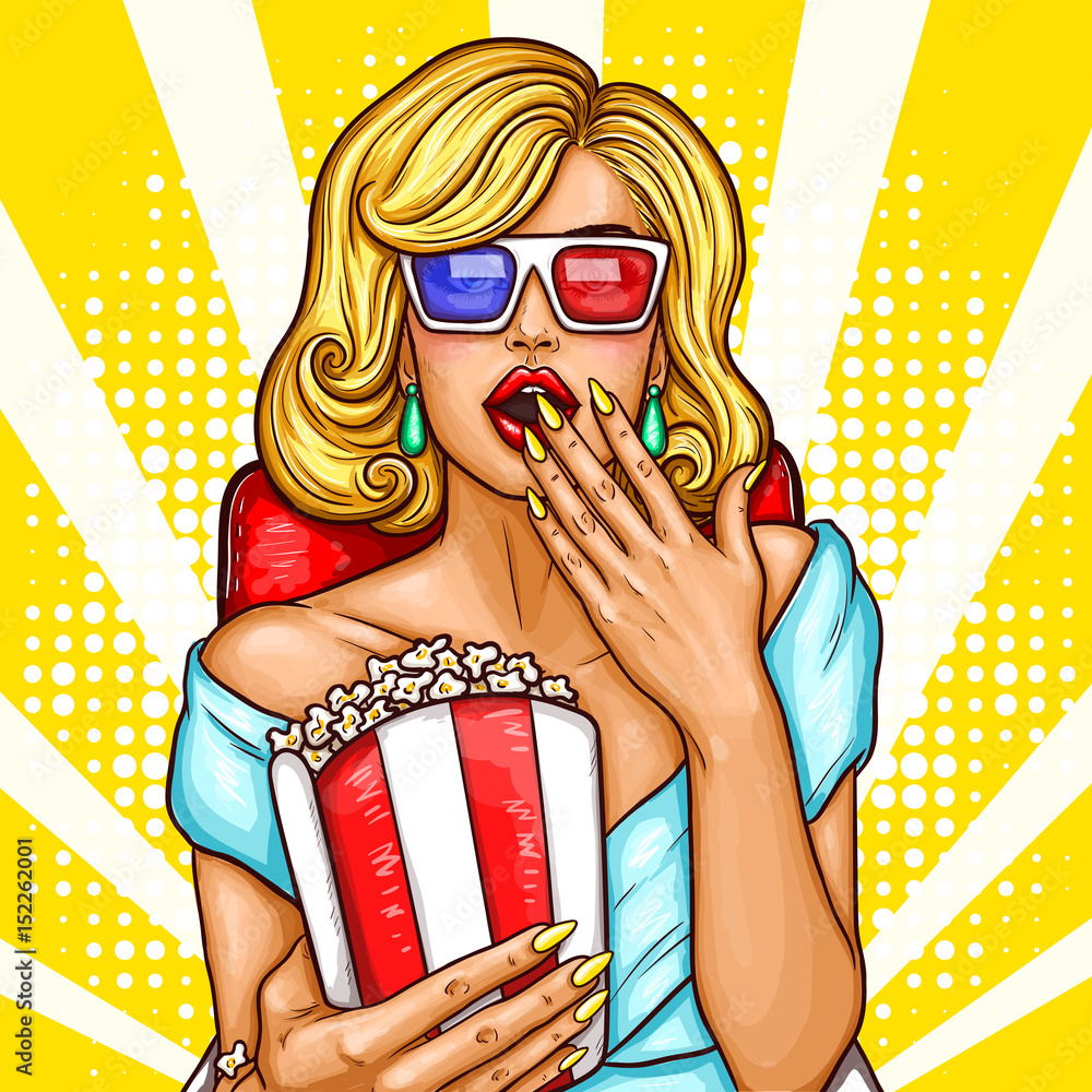 Fotografie, Obraz Vector pop art illustration of a excited blond woman  sitting in the auditorium and watching a 3D movie | Posters.cz