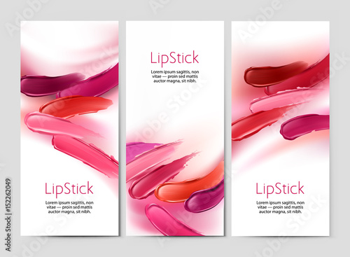 Set vector banners in realistic style with lipstick smear samples. Excellent advertising posters for promoting of makeup premium product