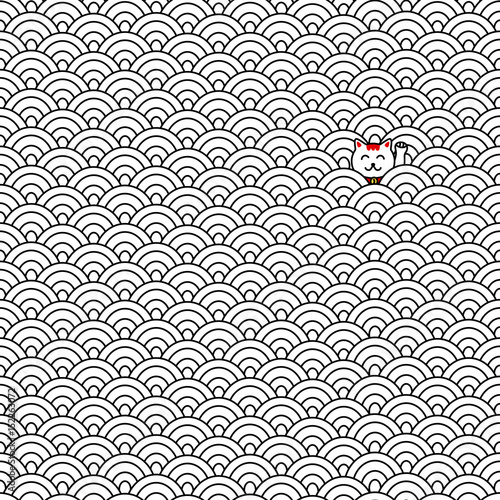 Seamless pattern with lucky Maneki-neko cat. Japanese motif. White and black vector texture. Abstract waves.