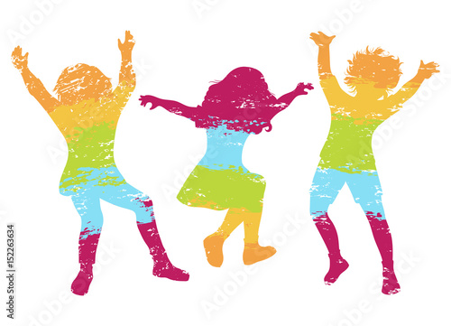 Children jumping. Colorful grunge silhouettes. Vector illustration