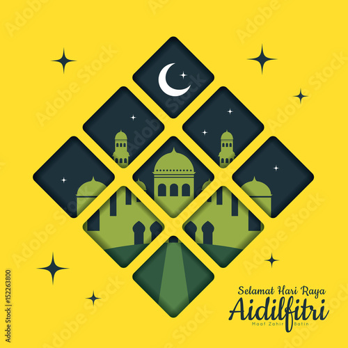 Hari Raya Aidilfitri greetings card template with crescent moon and mosque in flat design. (translation: Fasting Day of Celebration, I seek forgiveness, physically and spiritually)