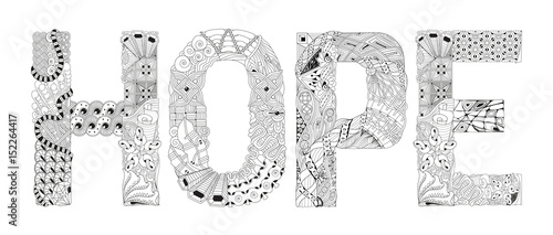 Word HOPE for coloring. Vector decorative zentangle object