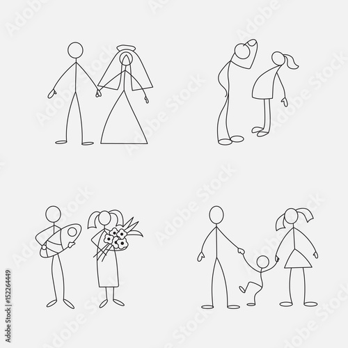 Cartoon icons set of sketch little people in cute miniature scenes.