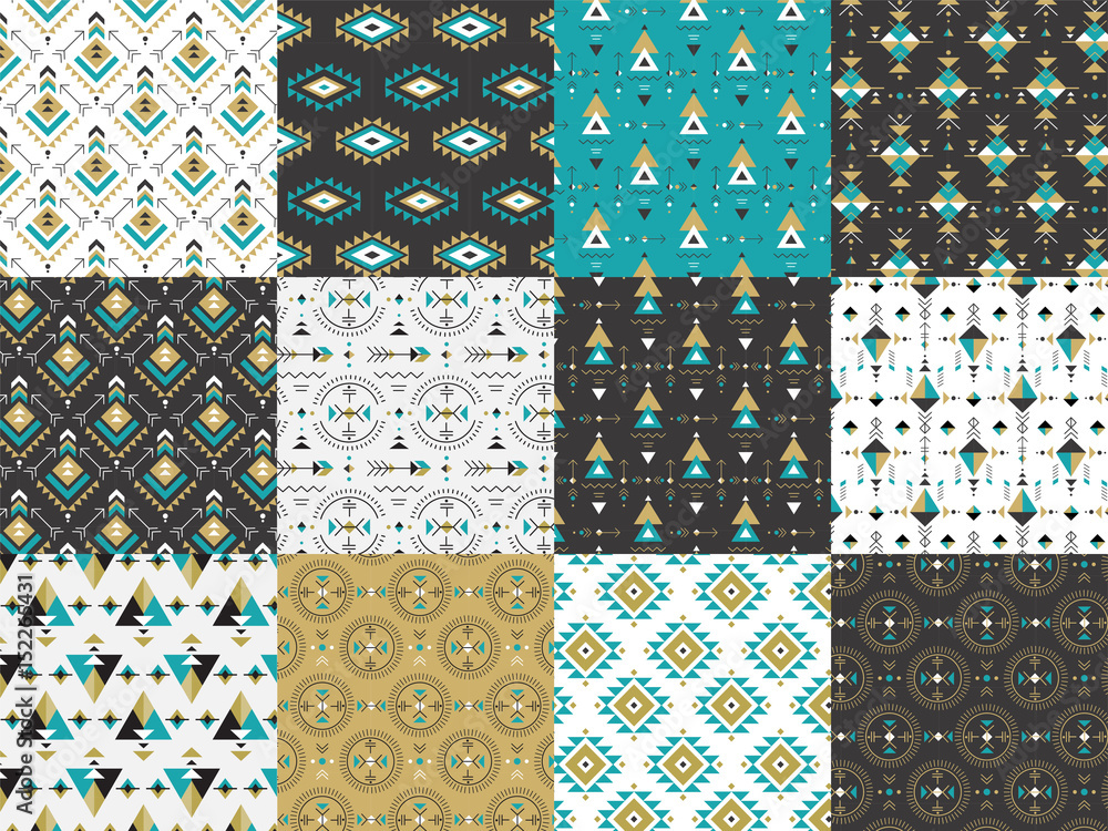 Set of seamless patterns with geometric, ethnic and bohemian, tribal, aztec design Set of seamless patterns with geometric, ethnic and bohemian, tribal, aztec design