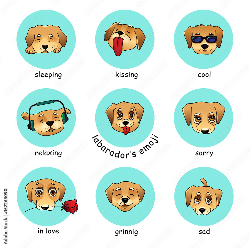 Set of vector round stickers, emojis with dog Set of vector round stickers, emojis with dog