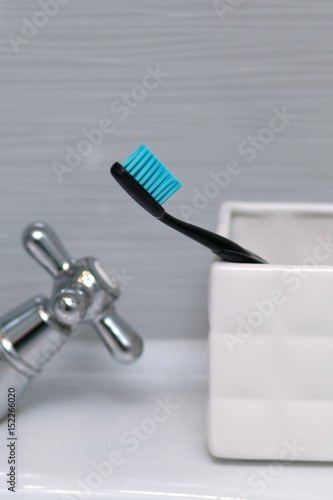 Toothbrush, oral hygiene. Bathroom. Selective focus.