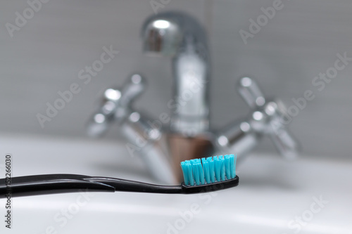 Toothbrush  oral hygiene. Bathroom. Selective focus.