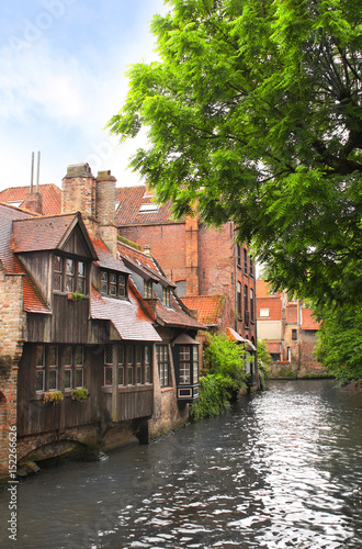 Medieval buildings along a canal in Bruges, Belgium